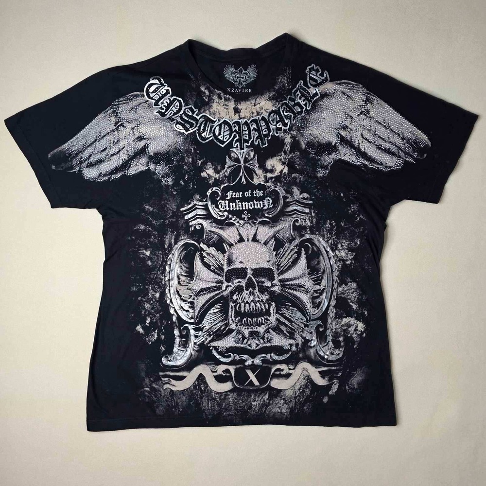 Xzavier Men's T-Shirt 2XL Black Skull Wing Rhinestone Gothic Y2K Graphic Tee USA